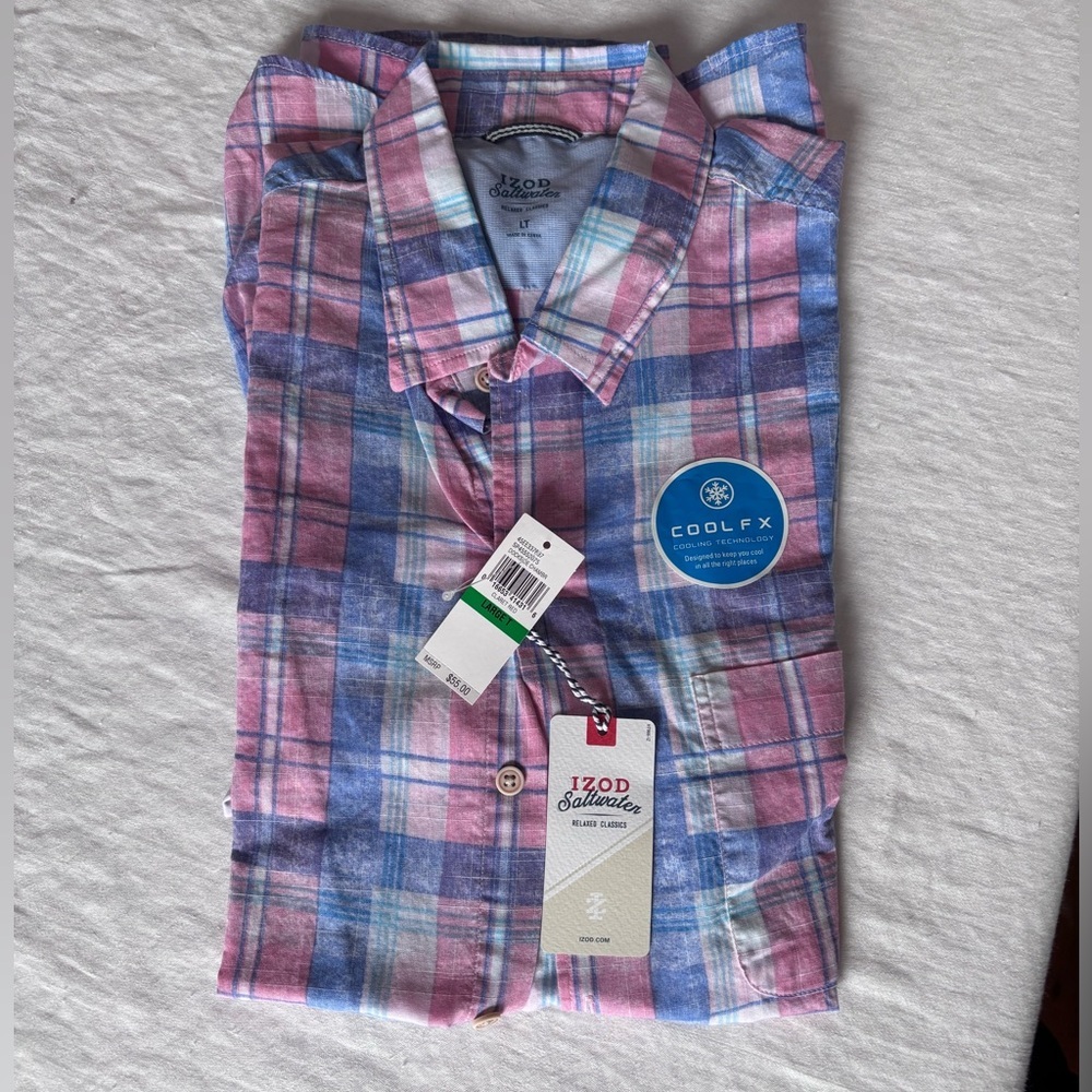 Men’s Izod Salt Water Short Sleeve Plaid Button Down Cool FX Technology Size LT